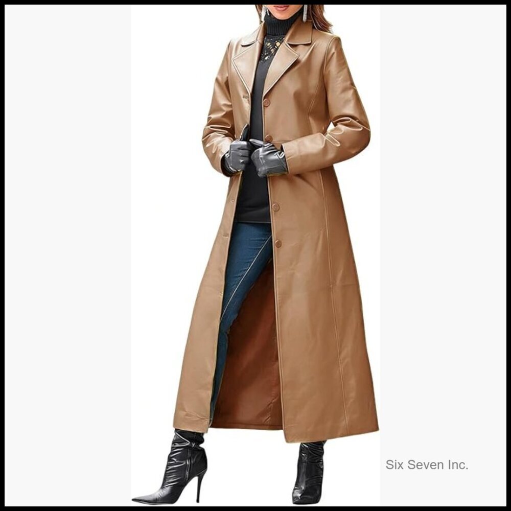Faux Leather Trench Coat Maxi Length Lapel Button Down Overcoat